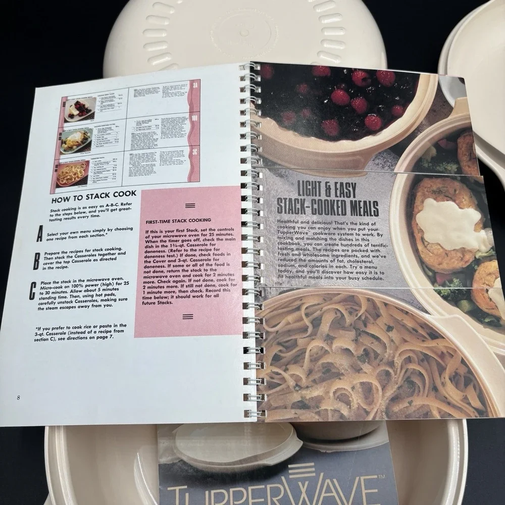 Vintage Tupperware 3 Pc Stackable  Cooker In‎ The Microwave  Recipe Book Almond